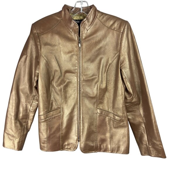 Style & Co.Petite Genuine Metallic Leather Jacket  Womens L Antique Gold Lined - Picture 1 of 10